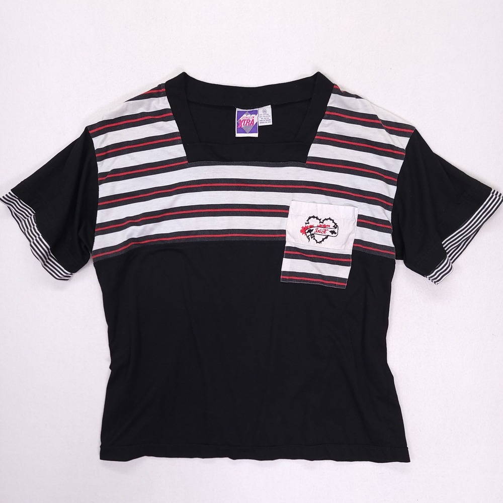 Justin Allen Xtra Vintage‎ 90s Square Neck Striped Pocket T-Shirt Black Red 20W